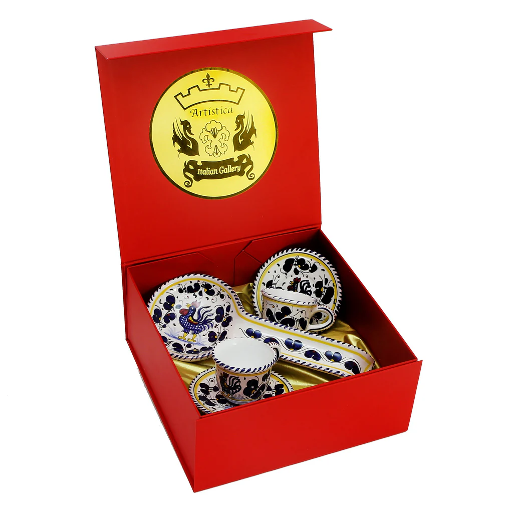 DERUTA - Deluxe Glossy Red Gift Box with Two Deruta Espresso Cup and Saucer and A Spoon Rest