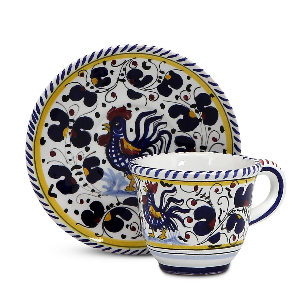 DERUTA - Deluxe Glossy Red Gift Box with Two Deruta Espresso Cup and Saucer and A Spoon Rest