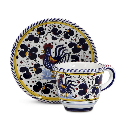 DERUTA - Deluxe Glossy Red Gift Box with Two Deruta Espresso Cup and Saucer and A Spoon Rest
